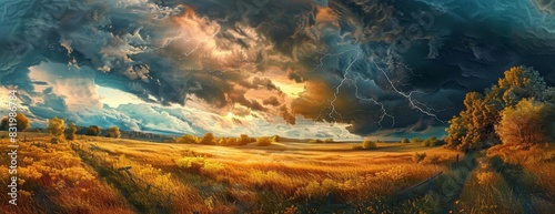 Panoramic view of a serene countryside at dusk disrupted by a powerful lightning strike