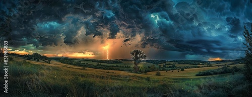 Panoramic view of a serene countryside at dusk disrupted by a powerful lightning strike