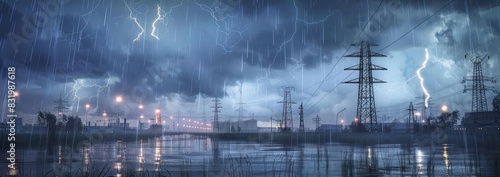 Panoramic view of an industrial landscape under heavy rain with electric pylons and lightning arcs