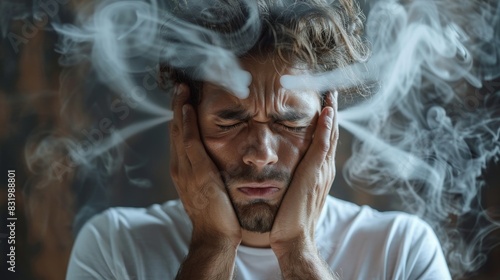A man holds his head with a pained expression on his face, hearing a high-frequency noise sound in his ears. have tinnitus - noise whistling in ears There are symptoms of illness.