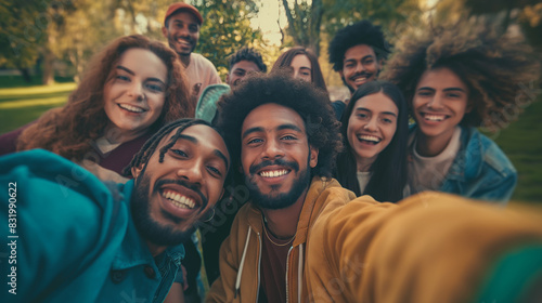 Friends taking a group selfie outdoors showing the concept of friendship and fun