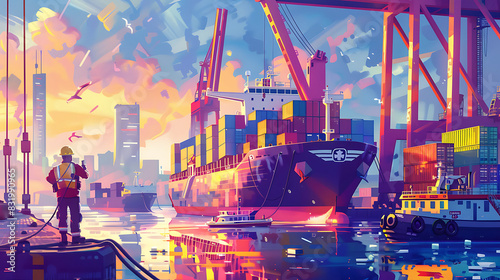 A bustling seaport with a large cargo ship docked and cranes loading shipping containers onto the vessel. Generative AI illustration 