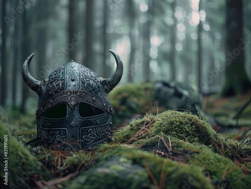 Mysterious Viking helmet in the forest