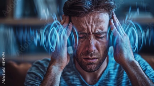 A man holds his head with a pained expression on his face, hearing a high-frequency noise sound in his ears. have tinnitus - noise whistling in ears There are symptoms of illness.