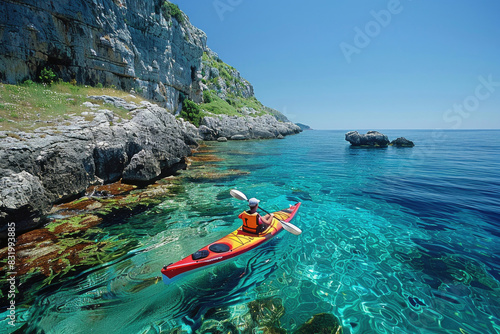 A kayaker paddles along a rugged coastline under a clear blue sky