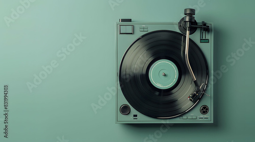 A record player with a vinyl record spinning on a wall-mounted shelf, creating a nostalgic ambience