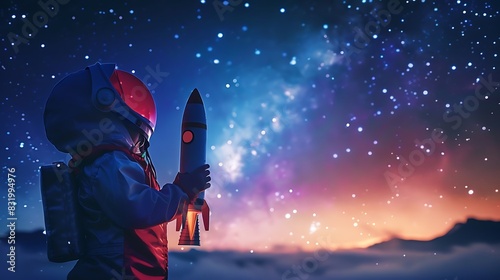 A child dressed as an astronaut gazing up at the night sky full of stars, holding a toy rocket, embodying the innocence and boundless dreams of reaching for the stars and exploring the universe