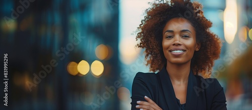 Confident Smiling African American Businesswoman, Crossed Arms, Corporate Buildings, Leadership, Empowerment, Copy Space.