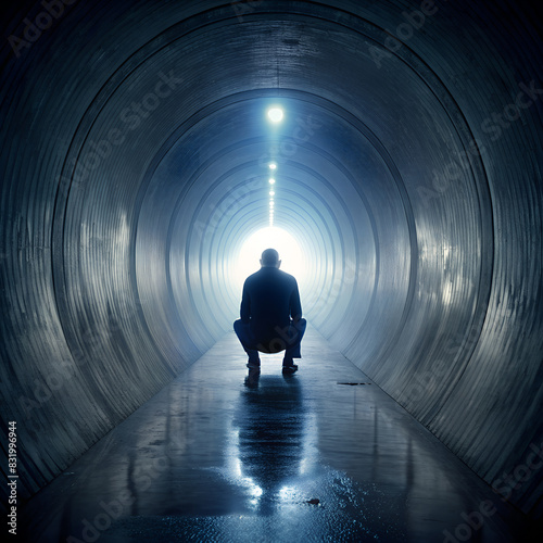Silhouette eines hockenden Mannes im dunklen Tunnel mit Licht am Ende - Depression und Ängste - Hilfe und Unterstützung - Psychologie