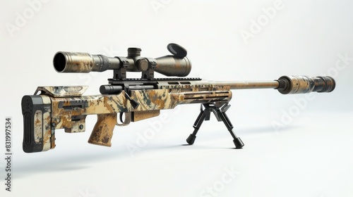 A contemporary rifle equipped with a scope and suppressor featuring camouflage patterning Presented on a white backdrop