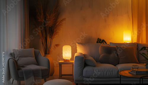 Interior of living room with cozy grey sofa, armchair and glowin