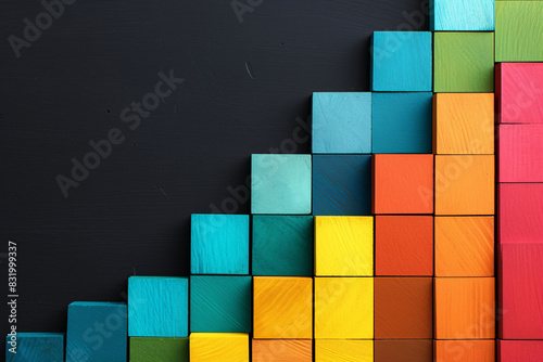 Colorful wooden blocks stacked in a pattern against a dark background creating a playful and structured design