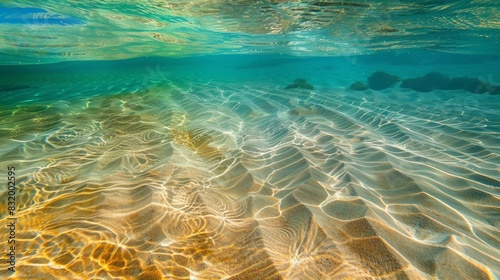 a crystal clear body of water with a sandy bottom. The water is a gradient of blue to green, and the ripples create a pattern of small waves