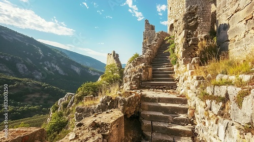 Enigmatic Citadel, Castle and Ruined Tower Stairs in Valley. Generative Ai