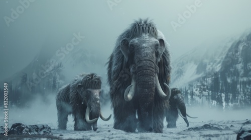 A serene moment captured as a family of woolly mammoths traverses a snowy tundra, their shaggy coats providing insulation against the biting cold.