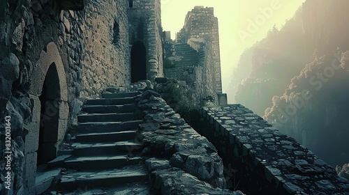 Enigmatic Citadel, Castle and Ruined Tower Stairs in Valley. Generative Ai
