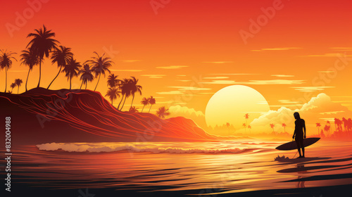 generated illustration of a surfer's silhouette against a vibrant sunset, highlighting the sport on International Surfing Day.