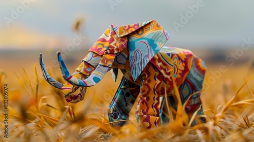 Origami mammoth with colorful African patterns, standing alone in a savannah littered with poaching traps, symbolizing the fight for survival