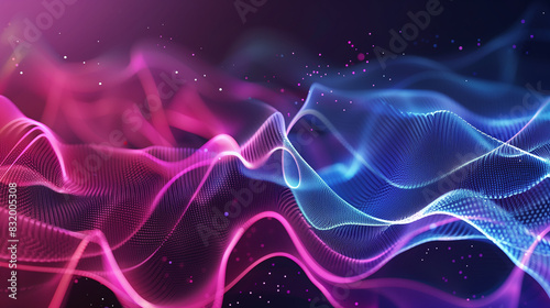 A colorful wave with purple and blue colors. The wave is made up of many small dots. The image has a dreamy and surreal feel to it