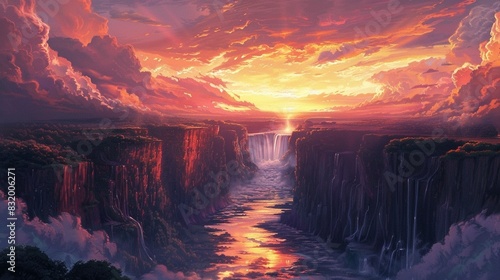 A river of black water flows between two cliffs with a small waterfall in the middle. The sky is orange and pink with clouds.