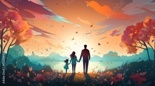 generated illustration of Father, son and daughter having fun on a walk, happy father's day