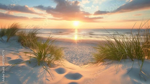 A sandy beach with tall grass and a sunset in the background
