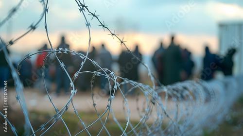 Barbed wire in refugee camp. Migrants behind chain link fence in camp. Group of people behind fence. Concept of prison, freedom, barrier, security and migration. Refugees on their way to EU.