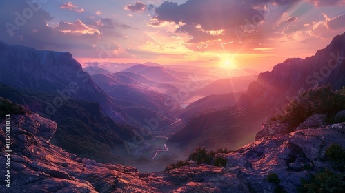A sun setting over a mountain valley, as seen from a rocky outcropping