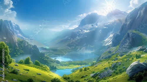 a valley with a large lake, surrounded by mountains. The sky is blue, and the sun is shining brightly. There are green pastures on the valley floor.