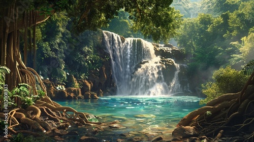 A waterfall cascades into a pool of turquoise water, surrounded by tree roots and lush greenery.