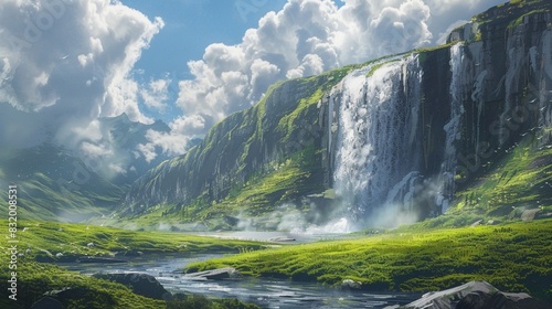 A waterfall cascades into a river below, surrounded by a grassy field and a blue cloudy sky.