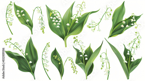 Set of beautiful lily of the valley flowers with green