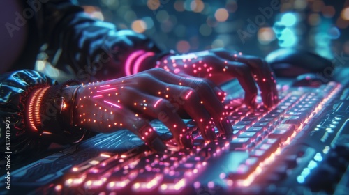 Futuristic hacker with neon cybernetic implants typing furiously on a glowing keyboard.