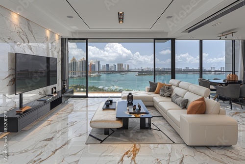Luxurious living room with panoramic views, modern furniture, and elegant decor, creating a serene and sophisticated environment for relaxation and social gatherings