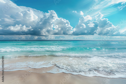 a beach with waves and clouds
