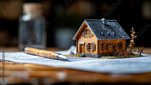 A real estate agent or realtor signing a mortgage agreement for a new home with a couple of happy young clients. Concept of home loan and buying own property. Close-up of a miniature house