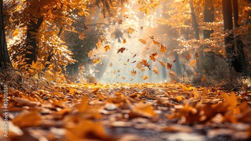 A beautiful autumn scene with a path covered in fallen leaves in shades of brown, orange, and gold, under a clear sky