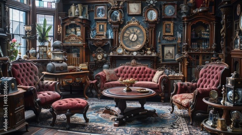 An elegant Victorian parlor adorned with rich mahogany furniture and plush velvet upholstery, featuring elaborate brass gadgets and gizmos adorning the walls.
