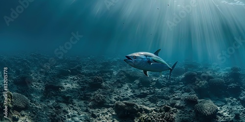 Tuna fish swimming in the depths of the seabed, fresh fish, sea food, fishing, background, wallpaper.