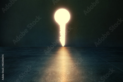 Glowing lights key shaped hole in dark empty room