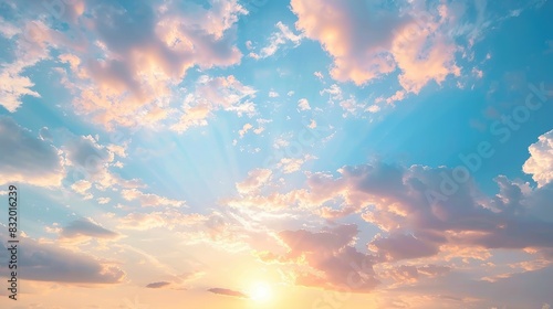 A calm, peaceful sky with scattered clouds softly illuminated by the warm light of the evening sun