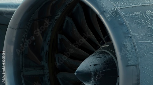 Close-up on a turbofan engine's air intake, frost patterns visible, under cold, clear lighting. 