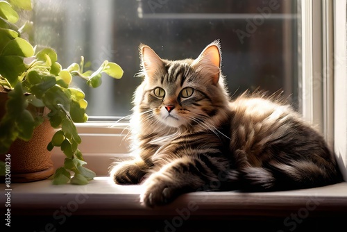 A cat is laying on a windowsill next to a plant