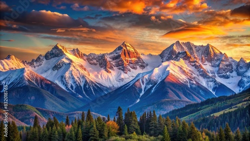 Majestic snow-capped mountains illuminated by a vibrant sunset.