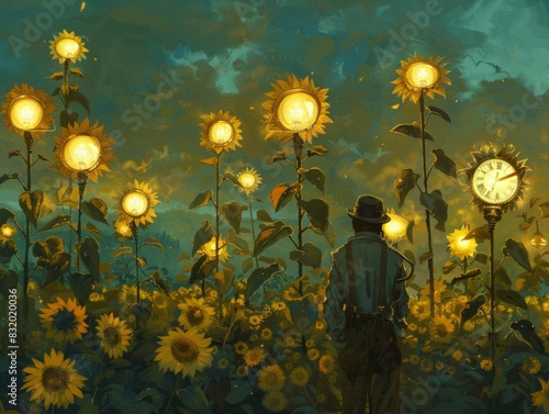A man with a clock for a face stands amidst a field of towering sunflowers, each flower head replaced by a glowing lightbulb.