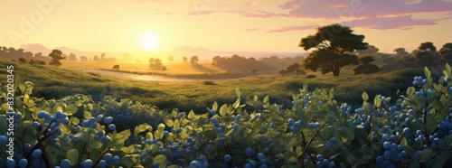 Blueberries growing on a farm with an incredible view. Blueberry isolated on sunset background