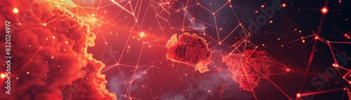 Red-colored cloud computing network, emphasizing system warnings and potential problems in the digital infrastructure