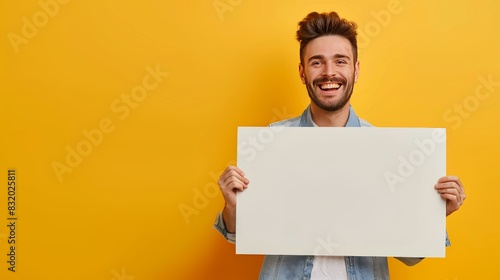 Image of a man holding a blank sign with a happy mood with copy space for text