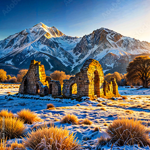 An ancient ruin overtaken by nature covered in frost a enhanced