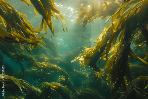 Sunlight Streaming Through Lush Kelp Forest Underwater Ecosystem
